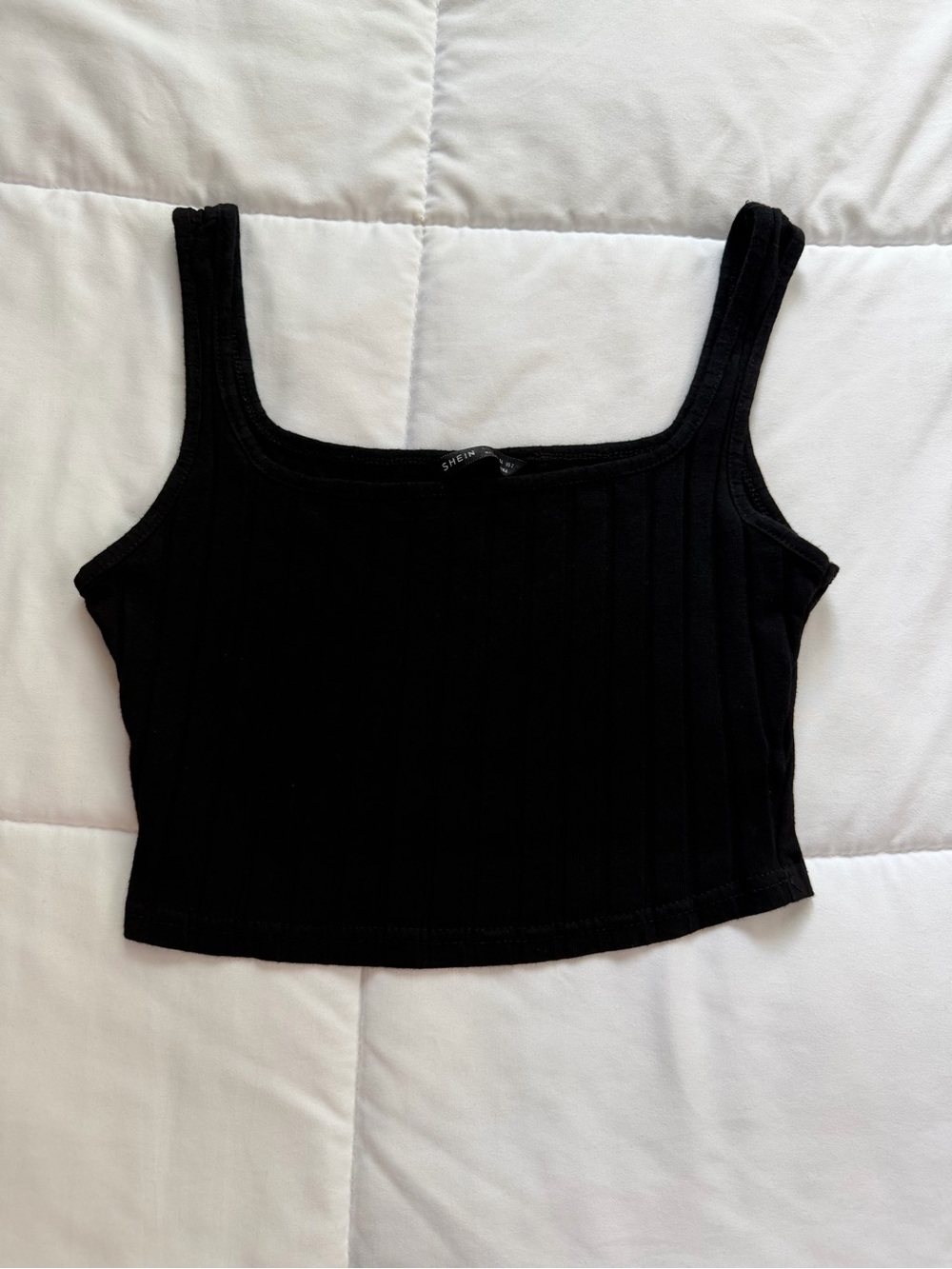 SHEIN Black Ribbed Square-Neck Crop Tank Top